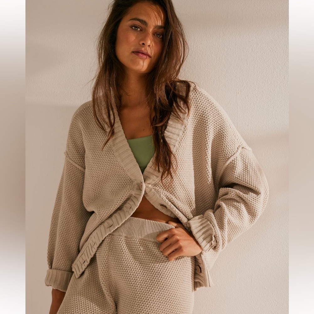 Free People Beige Knit Cardigan and Pants Set